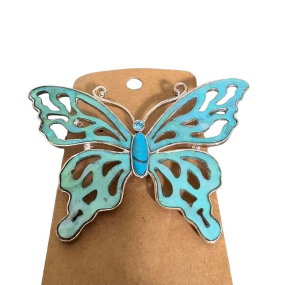 LC Turquoise & Mother of Pearl Large Butterfly Brooch‎ Silver Tone - Picture 2 of 3